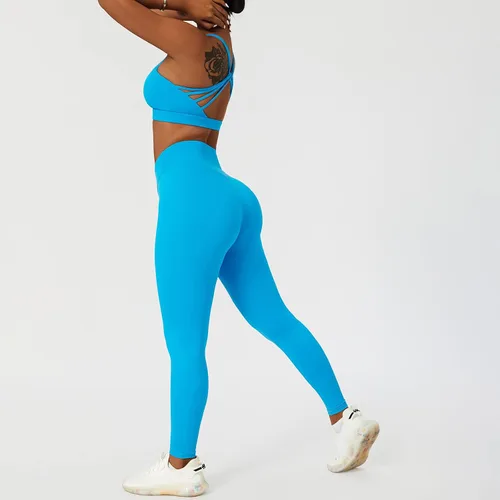 Vista 6 de ABOCIW Conjuntos de entrenamiento para mujer, 2 piezas, cintura cruzada, leggings de cintura alta, tirantes deportivos, para ejercicio, gimnasio