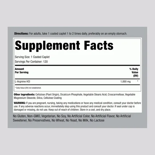 Vista 2 de Piping Rock L-Arginina HCl 1000mg 120 comprimidos Suplemento para hombres y mujeres Mega fuerza Vegetariano, sin OMG, sin gluten