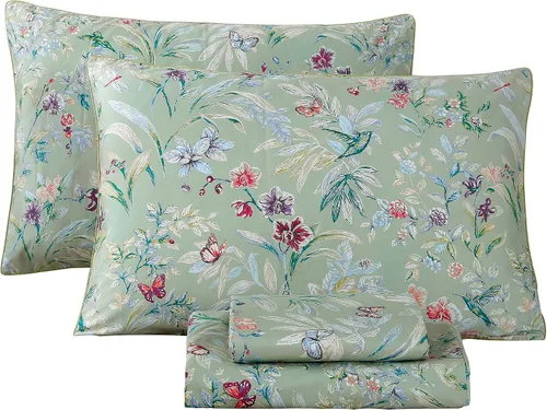Vista 10 de RYNGHIPY Juego de sábanas de algodón con estampado floral de abejas Shabby, con fundas de almohada, juego de ropa de cama de algodón egipcio