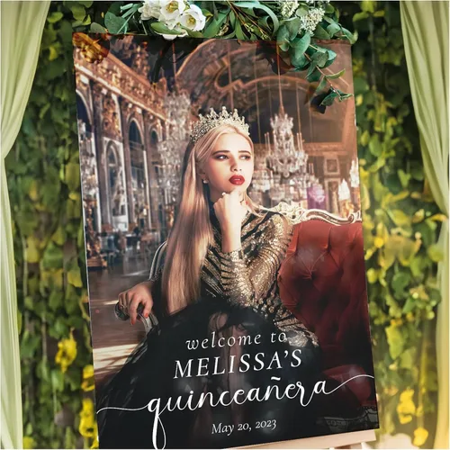 Vista 8 de Letrero de bienvenida personalizado de quinceañera con foto, letrero de bienvenida personalizado de Mis Quince Anos, elegante decoración