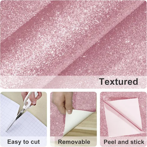 Vista 8 de Papel tapiz rosa con purpurina para despegar y pegar para dormitorio de niña, papel de contacto con purpurina brillante, papel de contacto moderno