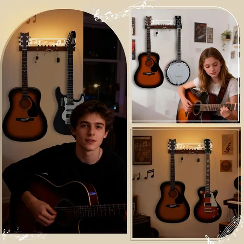 Vista 4 de CoolGift Mart Soporte de pared para guitarra iluminado, capacidad para 2 guitarras con 3 llaveros enchufables, diseño de notas musicales