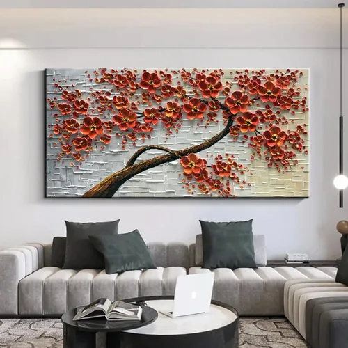 Vista 8 de YaSheng Art - Pintura al óleo pintada a mano sobre lienzo Textura Paleta Cuchillo Pinturas Flores Rojas Pinturas Modernas Decoración del Hogar