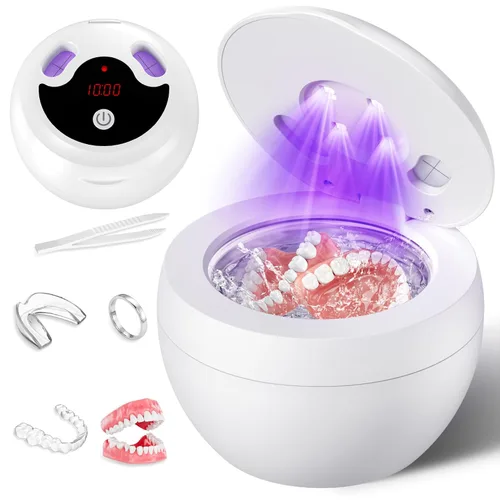 Vista 10 de Máquina limpiadora ultrasónica mejorada de retenedores, limpiador ultrasónico de dentaduras postizas de 48 kHz para protectores bucales, aparatos