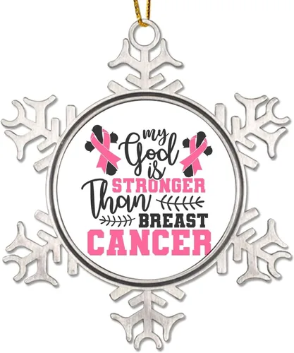 Vista 10 de Adorno colgante de Navidad Stronger Than Cancer Brest Cancer Awareness Metal Copo de nieve Adornos de Navidad Recuerdo Rosa Sobreviviente de Cáncer