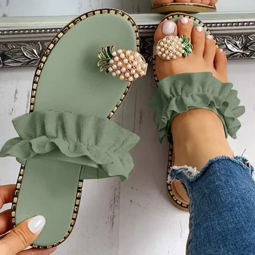 Vista 3 de Sandalias planas para mujer, sandalias de piña con perlas bonitas y adorables, sandalias con correa para el dedo gordo, bohemias, casuales