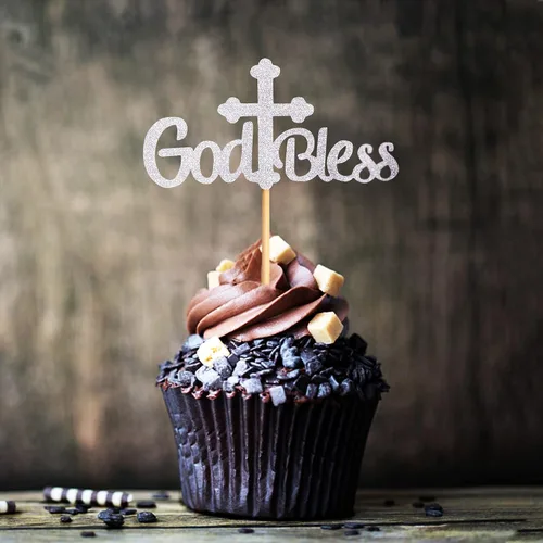 Vista 7 de Ercadio Paquete de 36 adornos para cupcakes con purpurina de cruz con purpurina para bautizo, fiesta religiosa cristiana, suministros de decoración