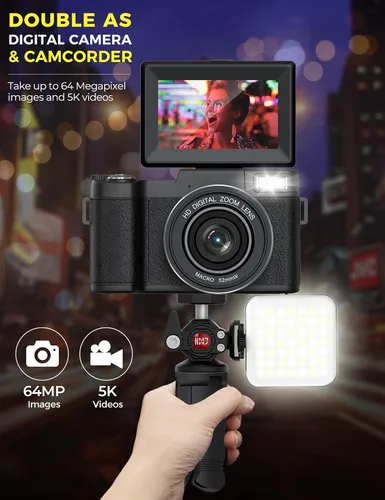 Vista 2 de Cámara digital de 5K con WiFi de 64MP con enfoque automático, cámara de vlogging Full HD para YouTube, cámara de punto y disparo con pantalla
