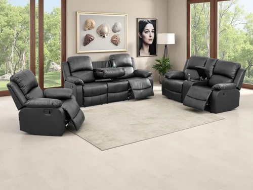 Vista 48 de Sofá reclinable manual moderno, sofá reclinable de cuero de 3 plazas, sofá reclinable de sala de estar, sofá con portavasos y mesa abatible