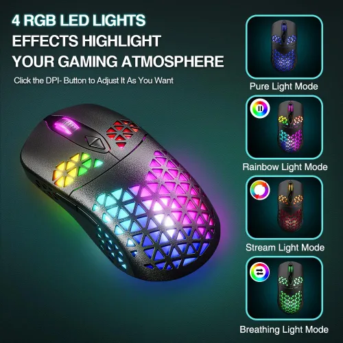 Vista 3 de WolfLawS KM-3 - Mouse inalámbrico para juegos, mouse inalámbrico RGB recargable con 7 botones programados, 4 niveles de DPI, 60 horas de juego