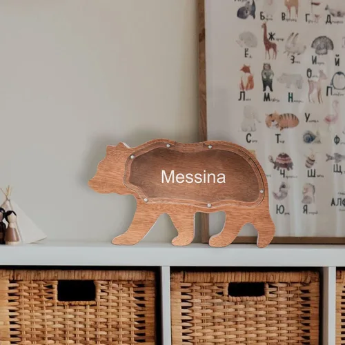 Vista 4 de Alcancía de madera personalizada, alcancía creativa con forma de animal, decoración personalizada para el hogar, regalos de cumpleaños de Navidad Oso