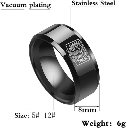 Vista 2 de Anillo para hombres y mujeres, anillos de anime de ataque de 0.315in de ancho, tamaño 5-12 grabados con alas de Titán de la Libertad, anillo negro