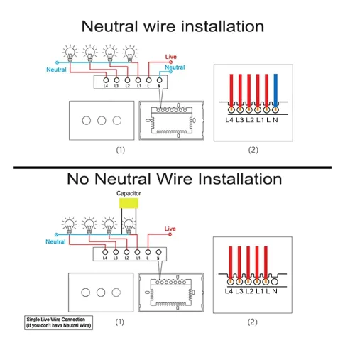 Vista 7 de Interruptor de pared inteligente WiFi, cableado neutro y sin neutro, dorado