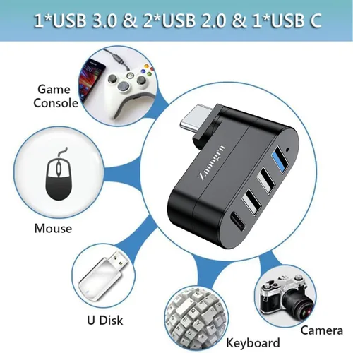 Vista 6 de Hub USB C 3.0 de 4 puertos [giratorio de 90°/180°], divisor tipo C con 3 puertos USB-A y puerto de alimentación de 1 C, extensor USB-C compatible