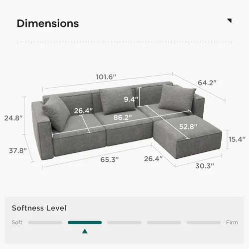 Vista 2 de Acanva Juego de Sofá Seccional Modular de Lujo para Sala de Estar, Sofá de Estilo Moderno Minimalista con Otomana y Chaise, Forma de L, Gris