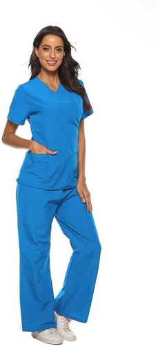 Vista 6 de Conjuntos de ropa quirúrgica para mujer, uniforme de enfermera, camiseta y pantalón deportivo, ropa de trabajo, elástico, de manga corta, cuello