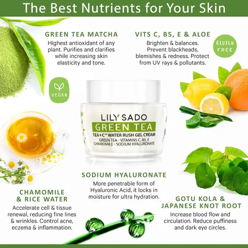 Vista 3 de LILY SADO TEA+C Green Tea Water Rush Gel Hidratante - Loción hidratante ligera antiarrugas con vitamina C - Hidrata y suaviza para una piel