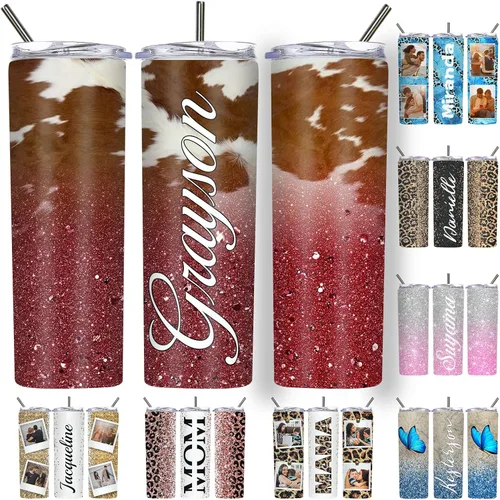 Vista 26 de Vaso delgado personalizado con purpurina con tapas y popotes, nombres, vasos de acero inoxidable personalizados con imagen para mujeres, hombres