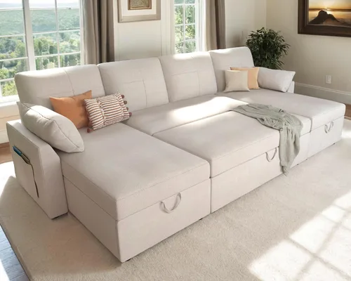 Vista 10 de AMERLIFE Sofá cama, sofá cama 2 en 1 con diván de almacenamiento, sofá extraíble para sala de estar de apartamento, color beige lino
