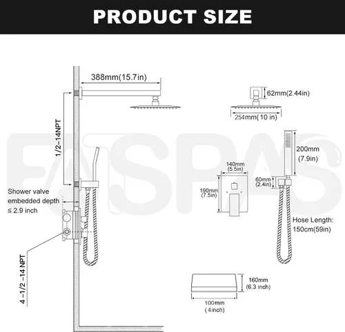 Vista 6 de Sistema de ducha dorado cepillado con cabezal de ducha de lluvia de 10 pulgadas y boquilla de bañera cUPC-certified pressure balance brass valve