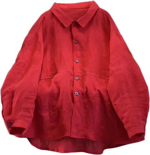 Vista 8 de NFYM Camisa de lino y lino con botones para mujer, hecha a mano, manga larga, ajuste holgado, cuello con bolsillo
