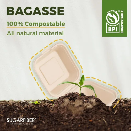 Vista 5 de [500 unidades] Fibra de azúcar por Harvest Pack PFAS FREE 6 x 6 pulgadas compostable Clamshell Recipientes de alimentos, contenedor con bisagras