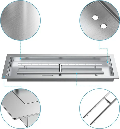 Vista 4 de Skyflame Sartén rectangular de acero inoxidable con quemador para interiores y exteriores, área de combustión de 30 x 10 pulgadas