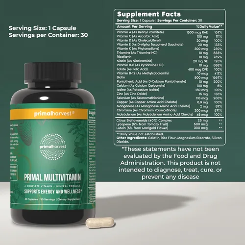 Vista 2 de Primal Harvest Suplementos multivitamínicos y de colágeno para mujeres y hombres, paquete de cápsulas multivitamínicas y péptidos de colágeno