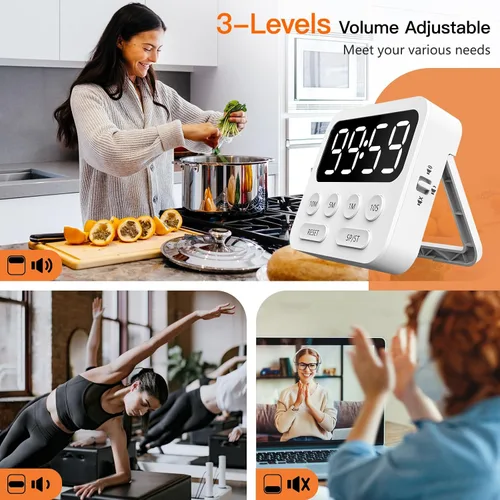 Vista 4 de Temporizador digital de cocina con cronómetro y función de cuenta regresiva, temporizador magnético para niños con pantalla LED grande y volumen