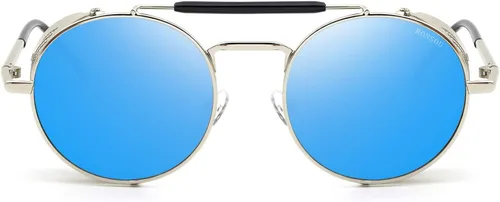 Vista 2 de RONSOU - Lentes de sol polarizados estilo steampunk redondas y vintage, con protección UV400, con marco