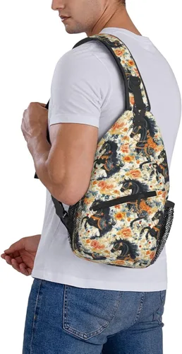 Vista 6 de Small Crossbody Bags for Women Men - Vintage Flower Black Horse Print Adjustable Shoulder Bag Fanny Packs Belt Sling Bag Crossbody Purses Backpack