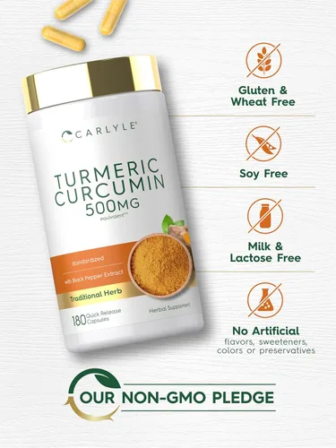 Vista 5 de Carlyle Suplemento de curcumina de cúrcuma 180 cápsulas con extracto de pimienta negra Sin OMG y sin gluten