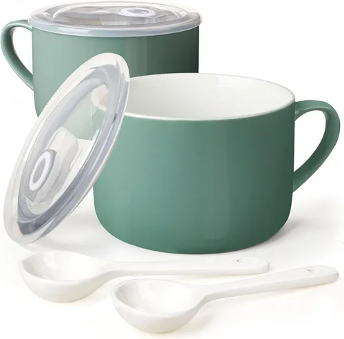 Vista 10 de Tazones de sopa con asas y cucharas, cuenco de cerámica para ramen de 30 onzas con tapa, tazas grandes para fideos instantáneos, cuencos grandes