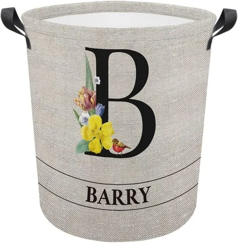 Vista 28 de Cesta de lavandería con inicial floral personalizada, monograma, nombre personalizado, flores y pájaros, cesta de ropa plegable de tela, caja