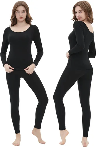 Vista 2 de Ropa interior térmica fina para mujer, conjunto de pantalones largos de cuello redondo, capa base