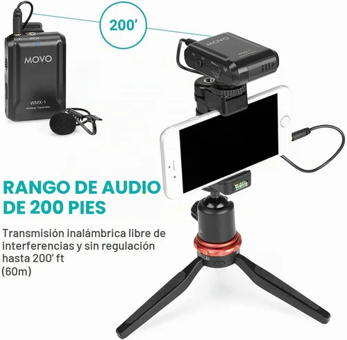 Vista 6 de Movo WMX-1 Sistema de micrófono inalámbrico Lavalier de 2.4 GHz compatible con cámaras DSLR, videocámaras, iPhone, teléfonos inteligentes Android