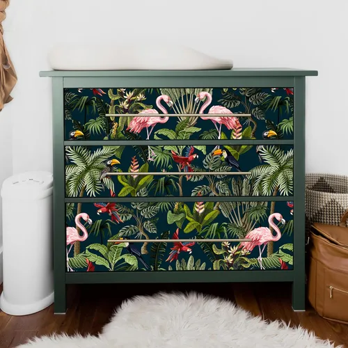 Vista 7 de VEELIKE Papel tapiz autoadhesivo de animales de selva oscura para despegar y pegar, papel tapiz de pájaros exóticos tropicales de 17.7 x 118