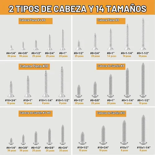 Vista 3 de VIGRUE Kit surtido de tornillos de acero inoxidable 304 de 520 piezas, tornillos de cabeza plana y pan de #4#6#8#10 Philips autorroscantes de acero