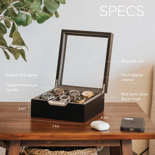 Vista 2 de CASE ELEGANCE Caja de reloj moderna 2x3 acabado negro con mango de aluminio personalizado 6 ranuras con vidrio real