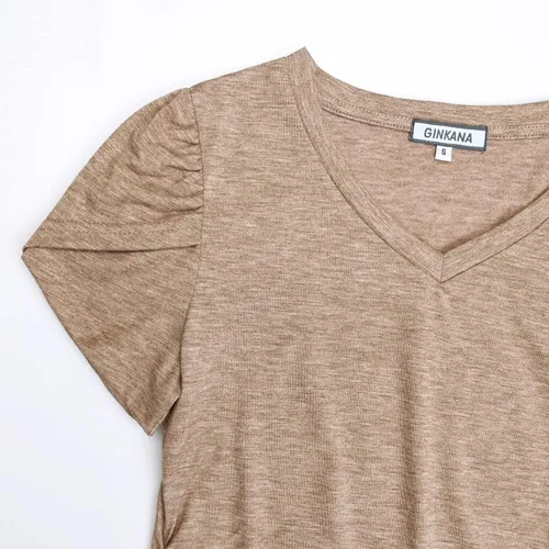 Vista 3 de GINKANA Camiseta de maternidad con manga corta de pétalo, cuello en V, con laterales fruncidos, informal, básica, túnica para embarazo
