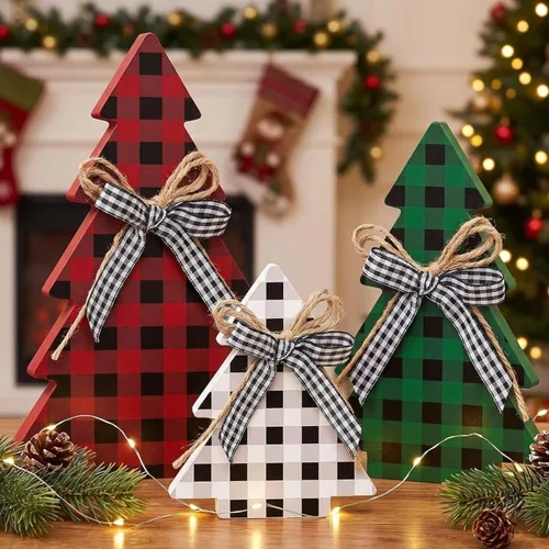 Vista 8 de Yookeer Decoración Navideña 3 Piezas Mesa de Madera Rústica Árbol de Navidad Granja Centro de Mesa de Madera Navideño para Mesa Pequeña Árboles