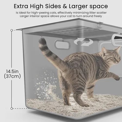 Vista 5 de Caja de arena de acero inoxidable con tapa, caja de arena para gatos con puerta, lados altos de 14.5 pulgadas, bandeja de arena de metal XL