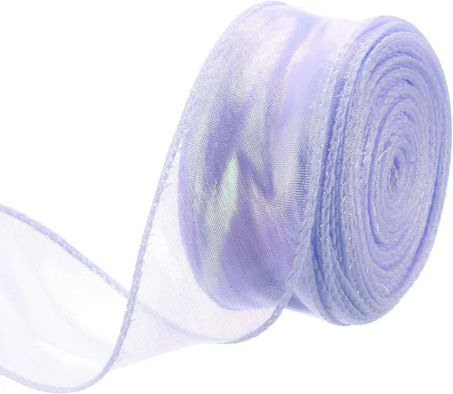 Vista 80 de MECCANIXITY - Cinta de organza con cable de 1 1/2" de ancho, brillante, transparente, con brillo irisado en tonos pastel, cinta de gasa para Beige