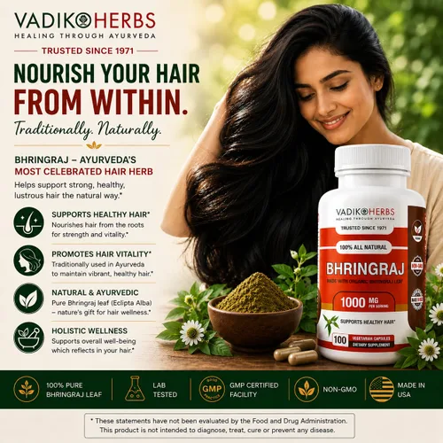 Vista 3 de Vadik Herbs Bhringraj Cápsulas Hoja de Bhringraj orgánica entera (Eclipta alba) Hierba tradicional ayurvédica para cabello saludable, cuero