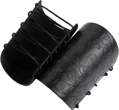 Vista 5 de Viking Leather Bracers - Medieval Guards Knight Arm LARP PU Leather Gauntlet Embossed Armor Wristband Armband Cuff