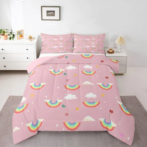 Vista 15 de Erosebridal Juego de edredón arcoíris de 2 piezas, edredón de nube de dibujos animados kawaii iridiscente individual para niños, niñas, mujeres