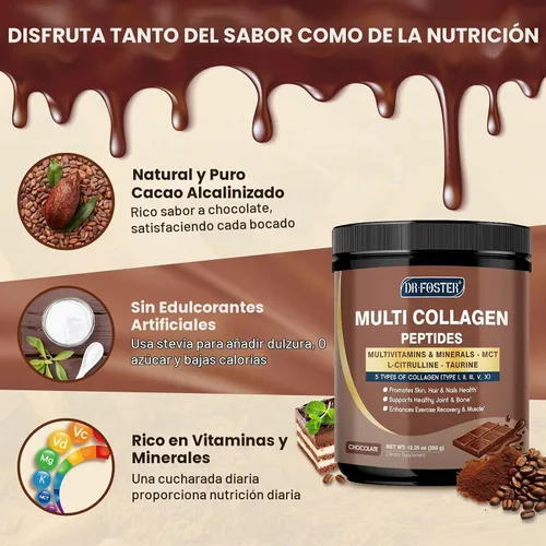 Vista 3 de DRFOSTER Péptidos de colágeno de chocolate en polvo para mujeres y hombres, colágeno multi tipo I II III V X con multivitaminas y minerales