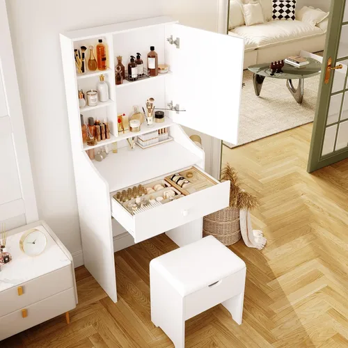 Vista 4 de Vabches Tocador de Maquillaje Pequeño de 24.4 pulgadas con Espejo y Luces, 3 Modos de Iluminación Ajustables, Juego de Tocador Compacto Blanco