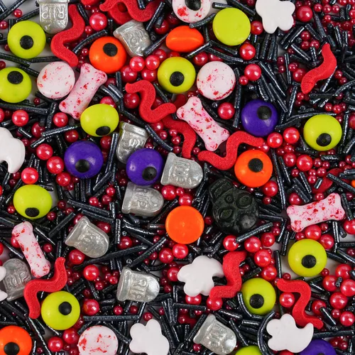 Vista 15 de Gránulos de globo ocular sangriento para decoración de pasteles, huesos de perro rojos, chispas comestibles de caramelo para decoración de cupcakes