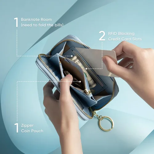 Vista 3 de Vulkitty Billetera para mujer, con cremallera, plegable, pequeña, de piel, con bloqueo RFID, con ventana de identificación y bolsillo para monedas